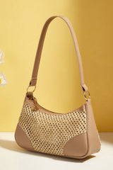 Petit sac d’épaule beige à empiècements tressés et simili cuir