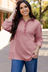 Pink waffle long sleeve half button loose top