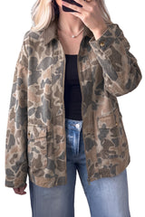 Multicolour 100% Cotton Retro Camouflage Print Corduroy Contrast Collar Zip Denim Jacket