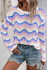 Drozel -knitted shoulder sweater wavy poop with purple stripes