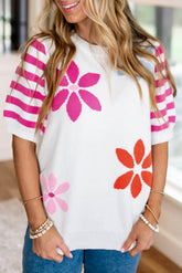 White sweater t-shirt with striped sleeve with floral pattern