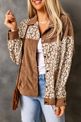 Brown leopard print corduroy long sleeve jacket