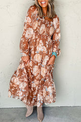 Brown Floral Print Ruched Square Neck High Waist Maxi Dress