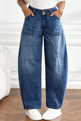 Jean baril bleu à taille haute, coutures courbes et revers