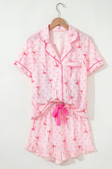 Ensemble de pyjama court rose à nœud et passepoil contrastant