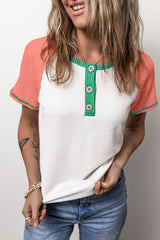 T-shirt Henley Textured with Raglan and Color Block White sleeves