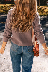 Brown Textured Knit Long Sleeve Henley Top