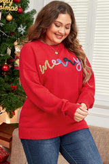 Plus Size Cheerful Pattern Drop Shoulder Sweater with Fiery Red Garlands