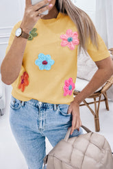 Short -yellow Cream -yellow sleeve sweater with cute flowers