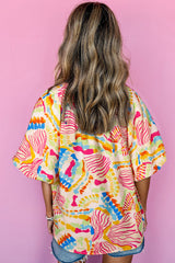 Chemisier orange imprimé abstrait froncé à manches mi-longues et col en V-A WOMAN WE LOVE