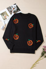 Plus Size Black Halloween Sequin Pumpkin Pattern Sweater