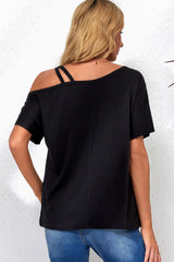 Asymmetrical black t-shirt crossed with a shoulder