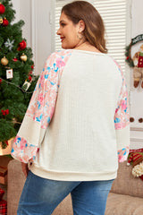 Plus Size Apricot Floral Patchwork Puff Sleeve Ribbed Top