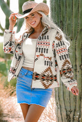 Beige zipped jacket with Aztec print stand-up collar