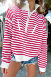 Pink striped sweater, zipped collar, dropped shoulders
