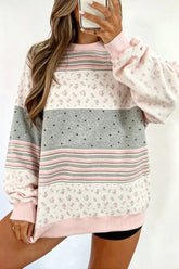 Sweat-shirt rose patchwork à fleurs, rayures et pois