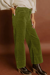 Pantalon large taille haute en velours côtelé de couleur unie vert