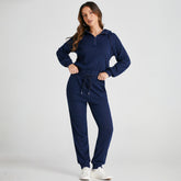 Shandy navy blue ribbed knitting hooded sweatshirt and jogging pants with tightening