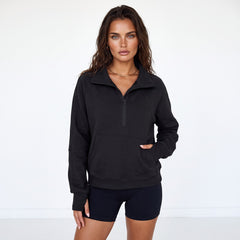 Black sweatshirt with stand-up collar and kangaroo pocket with quarter-turn zip