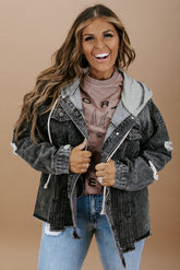 Black Hooded Frayed Denim Jacket with Drawstring