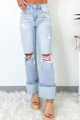 Beau Blue Lightly Washed Distressed Flared Jeans