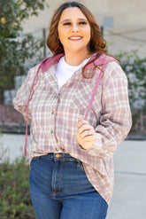Chemise boutonnée à capuche avec cordon de serrage et imprimé à carreaux Bonbon, grande taille-A WOMAN WE LOVE