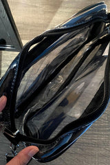 Sac transparent à bordures noires, multi-poches et bandoulière amovible