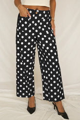 Pantalon droit taille mi-haute noir à imprimé à pois
