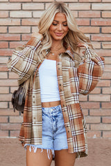 Khaki color block plaid patchwork high low shacket