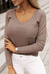 Khaki V-neck top with chest patch pocket in ribbed knit