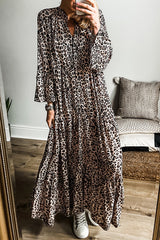 Apricot leopard print wide sleeve maxi dress
