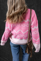 Western Aztec Geometric Drop Shoulder Pink Sweater