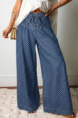 Jean large bleu ciel à pois, taille haute à cordon et boutons décoratifs