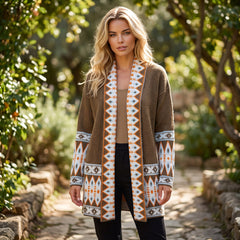 Brown knitted cardigan with aztec print open on the front