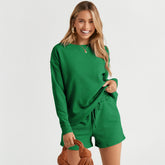 High textured green set with long sleeves and drawstring shorts