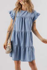 Beau Blue Short Sleeve Ruffle A-Line Denim Dress