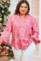 Plus Size Pink Floral Print Ruffle Collar Puff Sleeve Top