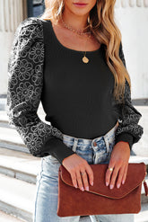 Black Ribbed Knit Top with Puff Sleeves and Flowers