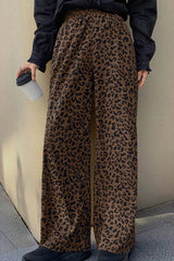 Pantalon ample en velours côtelé taille haute élastique imprimé léopard