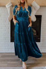 Prussian blue velvet maxi dress with short sleeves and tiered gathered waist