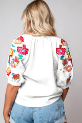 Blouse texturée blanche à manches bouffantes et broderie florale Ricrac-A WOMAN WE LOVE