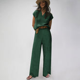 Green knitted v-neck sweater and casual pants set