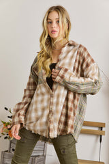 Chemise décontractée à bords bruts et patchwork à carreaux multiples marron-A WOMAN WE LOVE