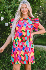 Robe droite rose rouge à imprimé abstrait et manches à volants