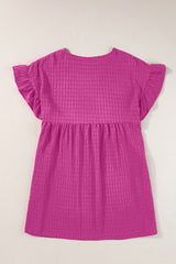 Mini-robe texturée à volants et manches courtes rose rouge