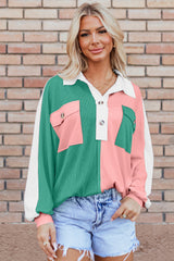 Pink oversized sweatshirt with ribbed collar and color block
