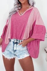 Hot Pink Textured Oversized Top with 3/4 Sleeves and Color Block