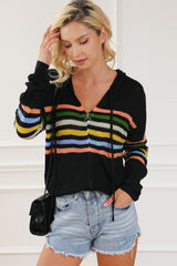 Cardigan noir à capuche avec fermeture éclair et détails rayés-A WOMAN WE LOVE