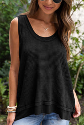 Black waffle knit flowing cardigan with scoop neck