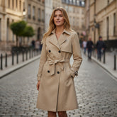 Pale khaki windbreaker coat, solid color, lapel collar, waist tie